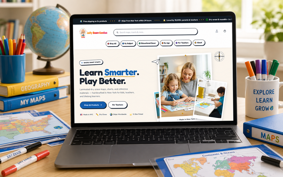 Jelly Bean Genius Shopify homepage on laptop in branded scene
