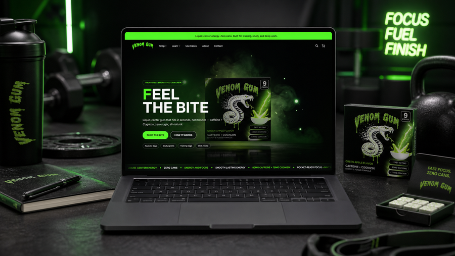 Venom Gum Shopify homepage on laptop in branded scene