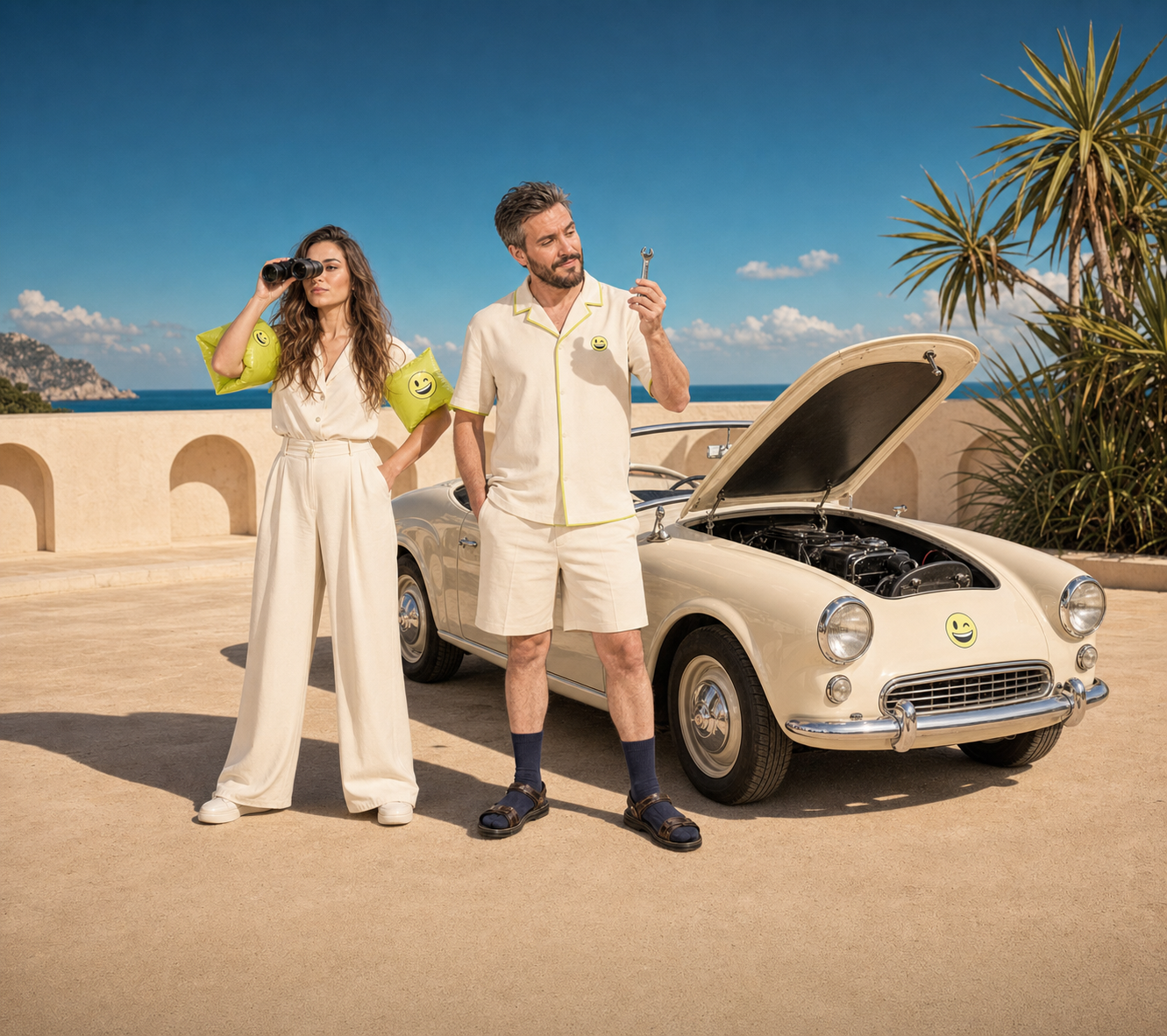 Declan and Megan from Neat Digital with a classic car on a campaign set