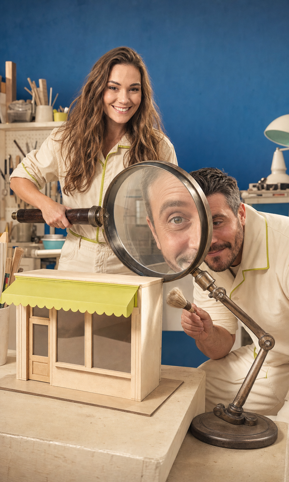 Declan and Megan inspecting a miniature storefront in the Neat workshop
