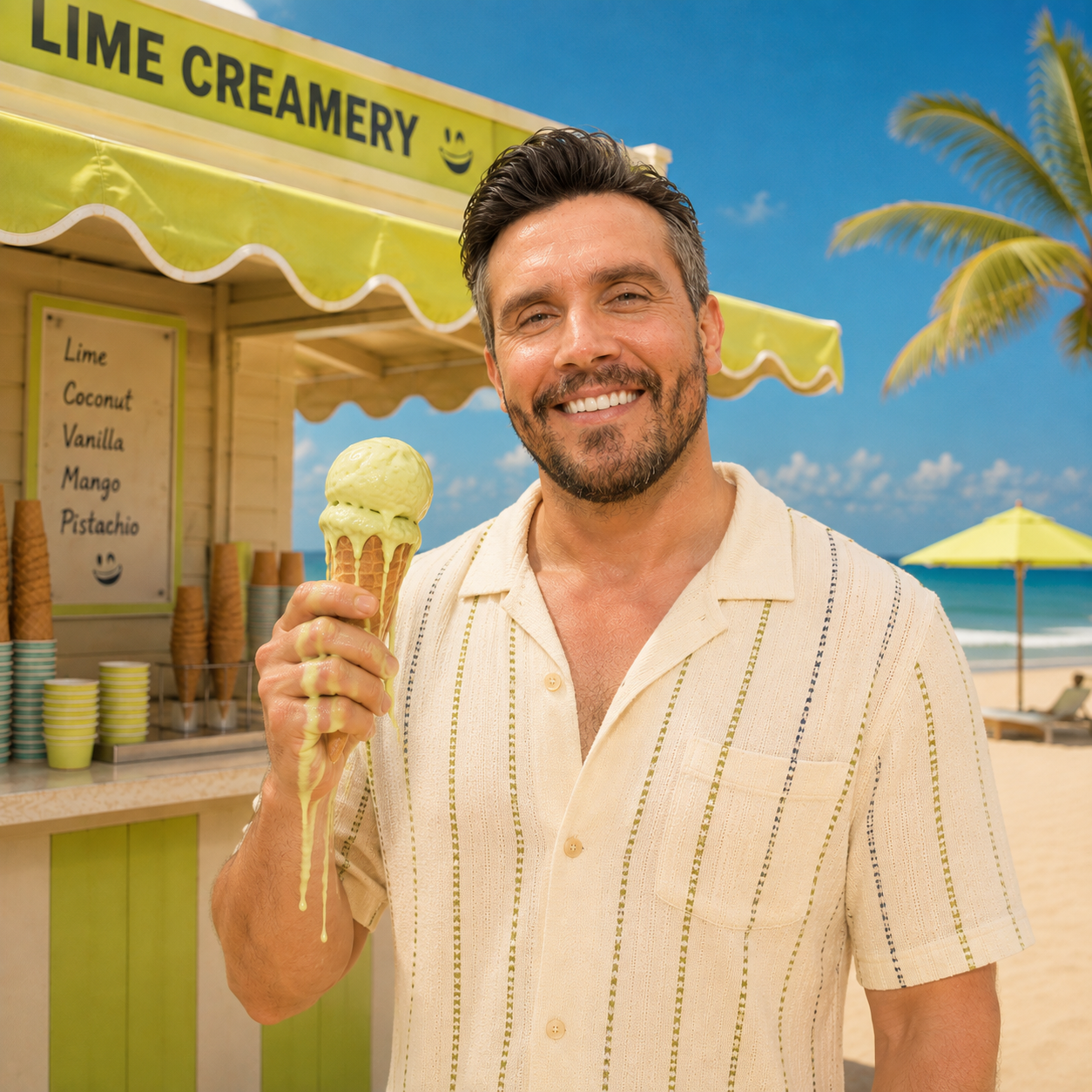 Declan holding a melting lime ice cream at the Neat Digital beach creamery