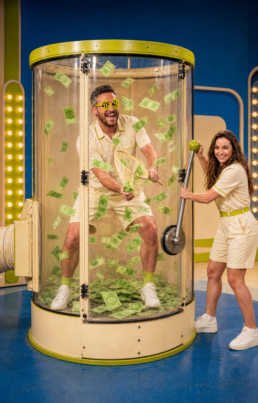 Declan and Megan in a playful money booth representing clear Shopify project pricing