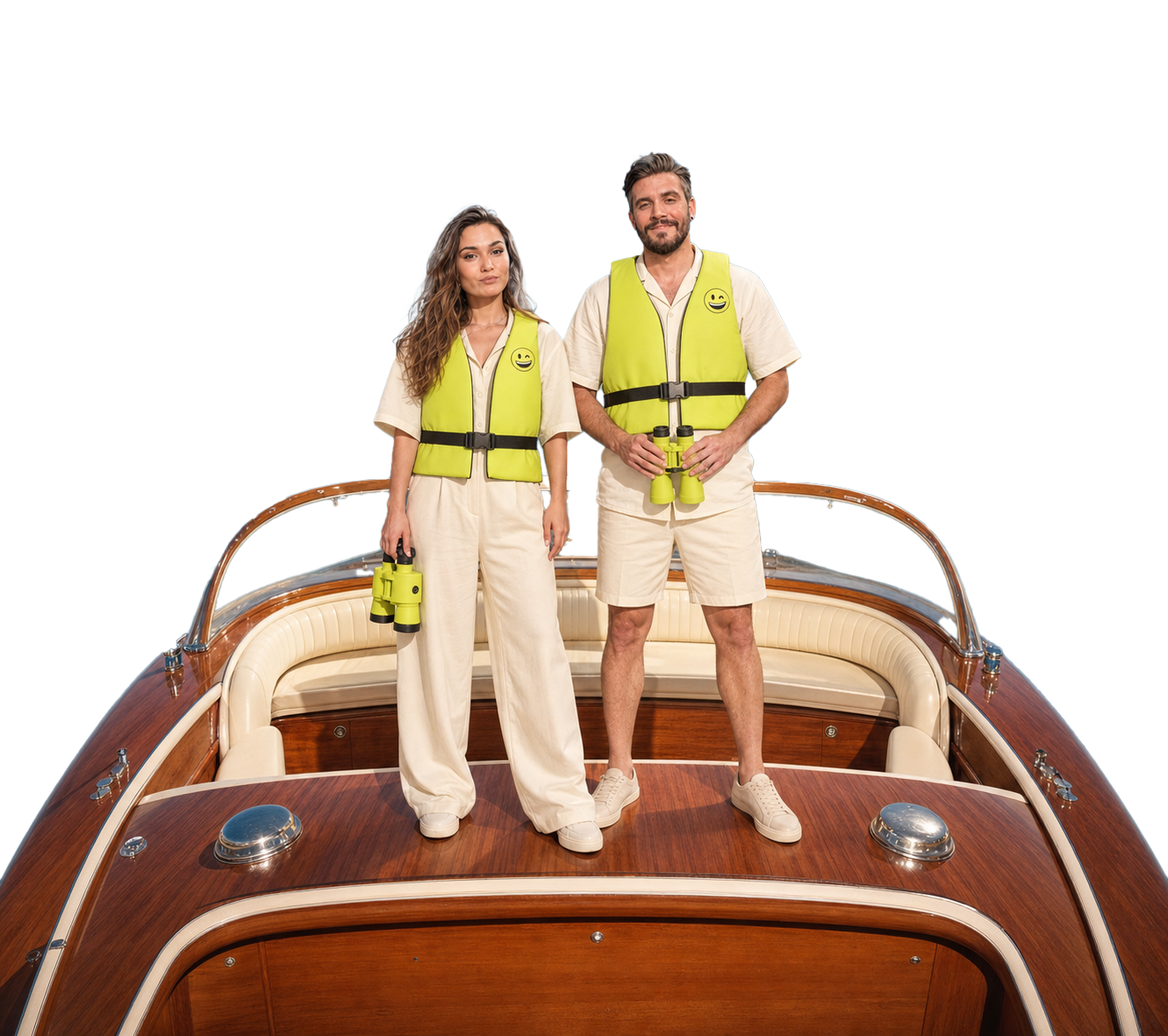 Declan and Megan standing on a boat in Neat Digital life jackets