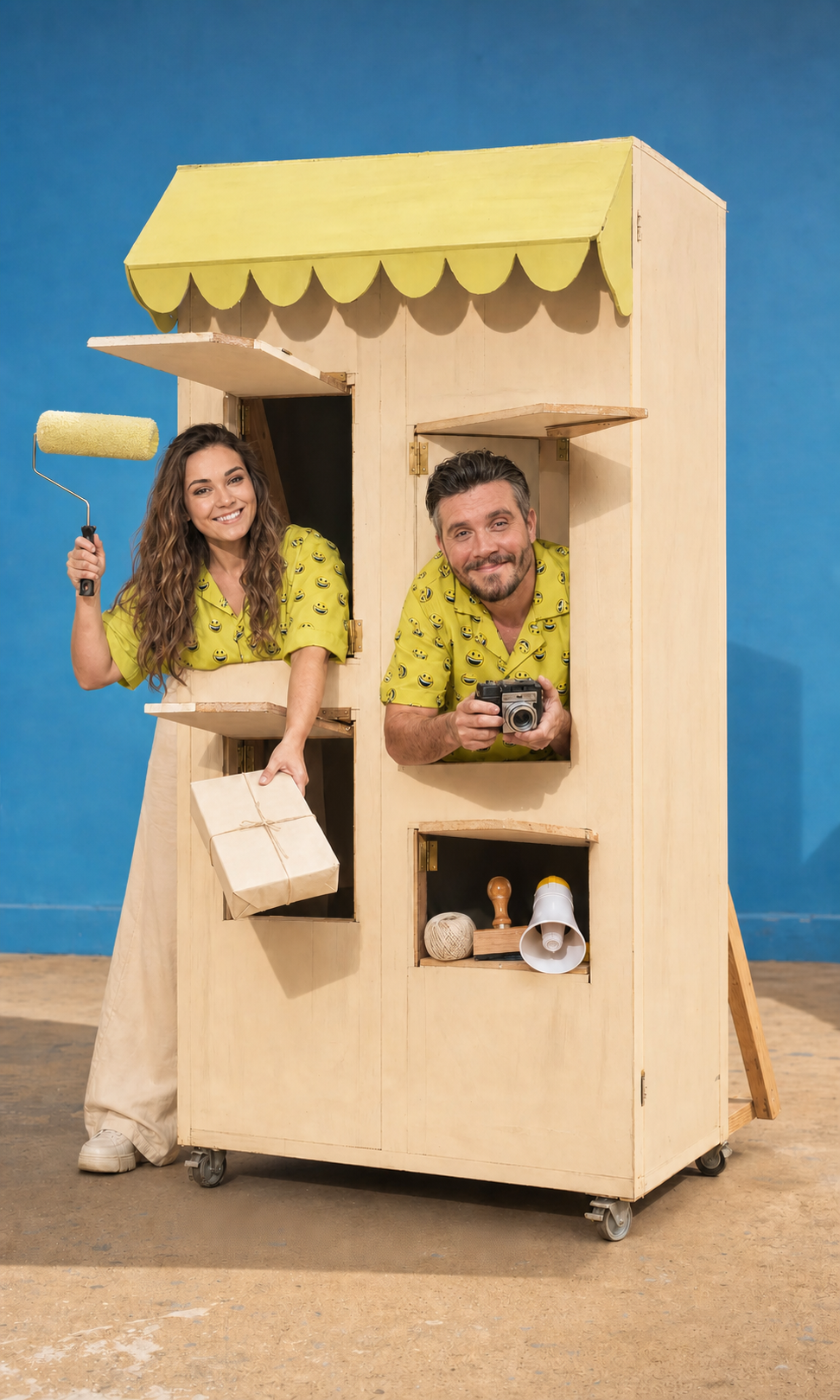 Declan and Megan working from a playful Neat Digital storefront