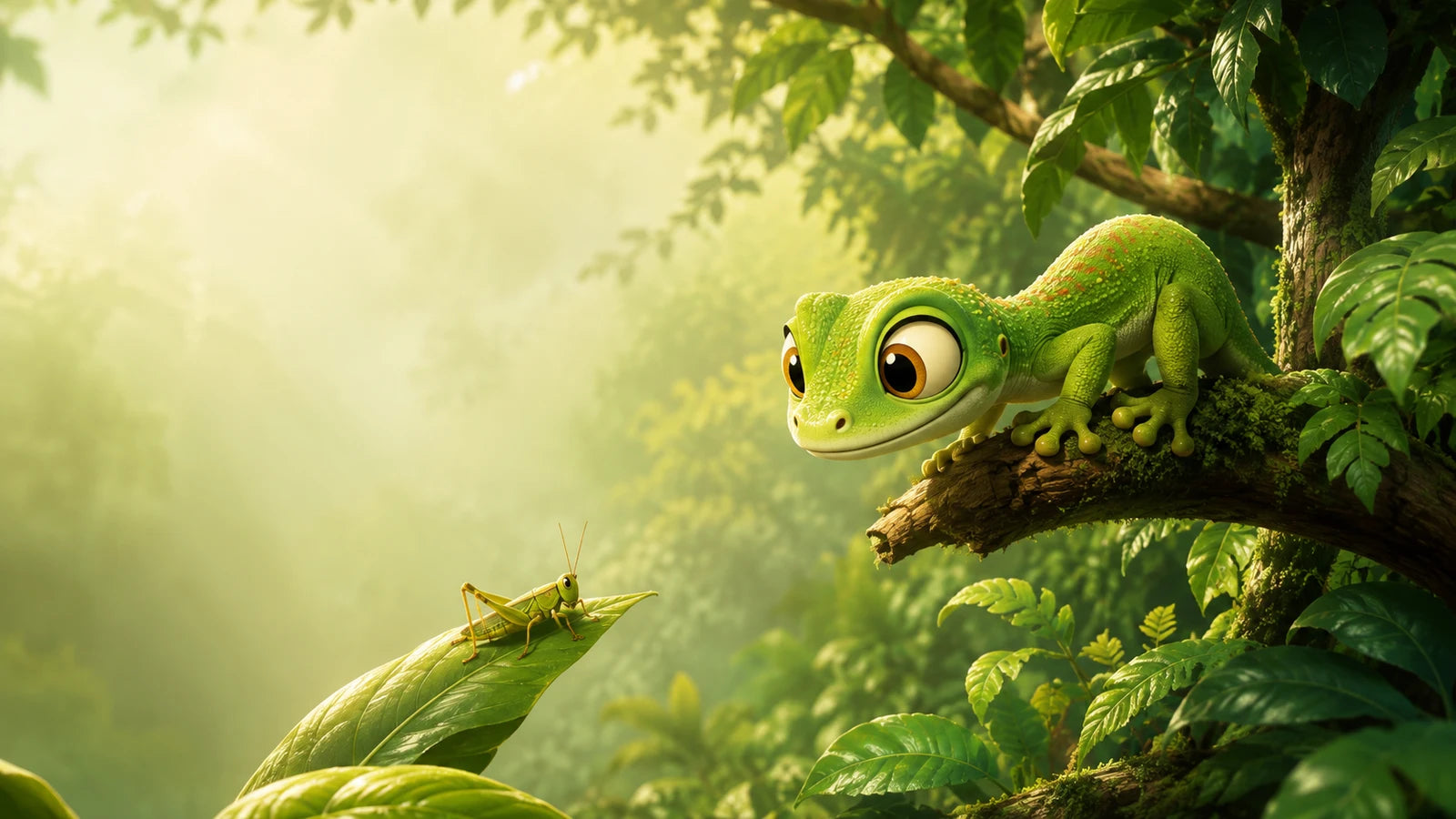 The Reptile Shop's green gecko watching a locust in a leafy habitat